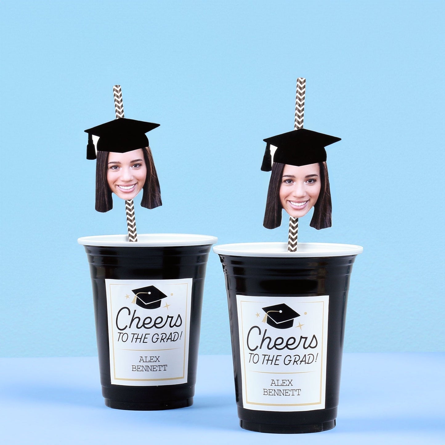 Grad Cap Fun Face Cutout Paper Straw Decor - Custom Graduation Photo Head Cut Out Striped Decorative Straws - Upload 1 Photo - Set of 24