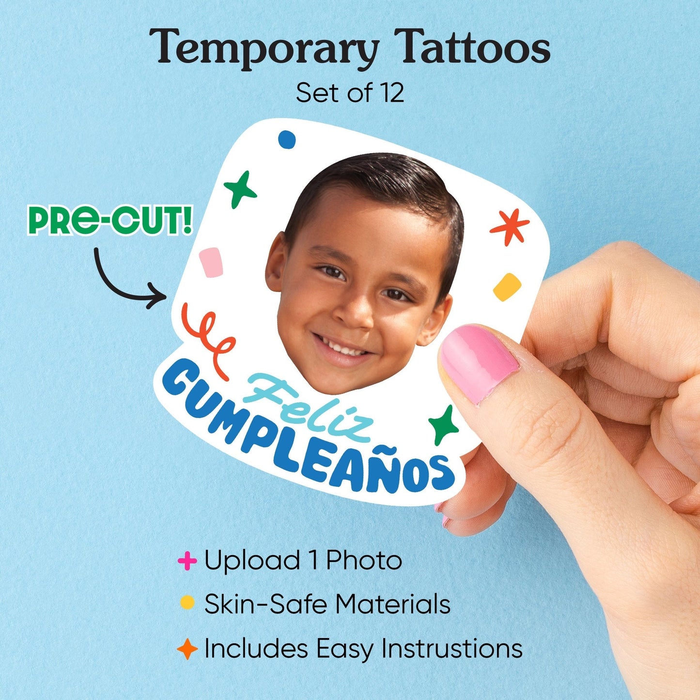 Custom Feliz Cumpleanos Temporary Tattoos - 12 Ct