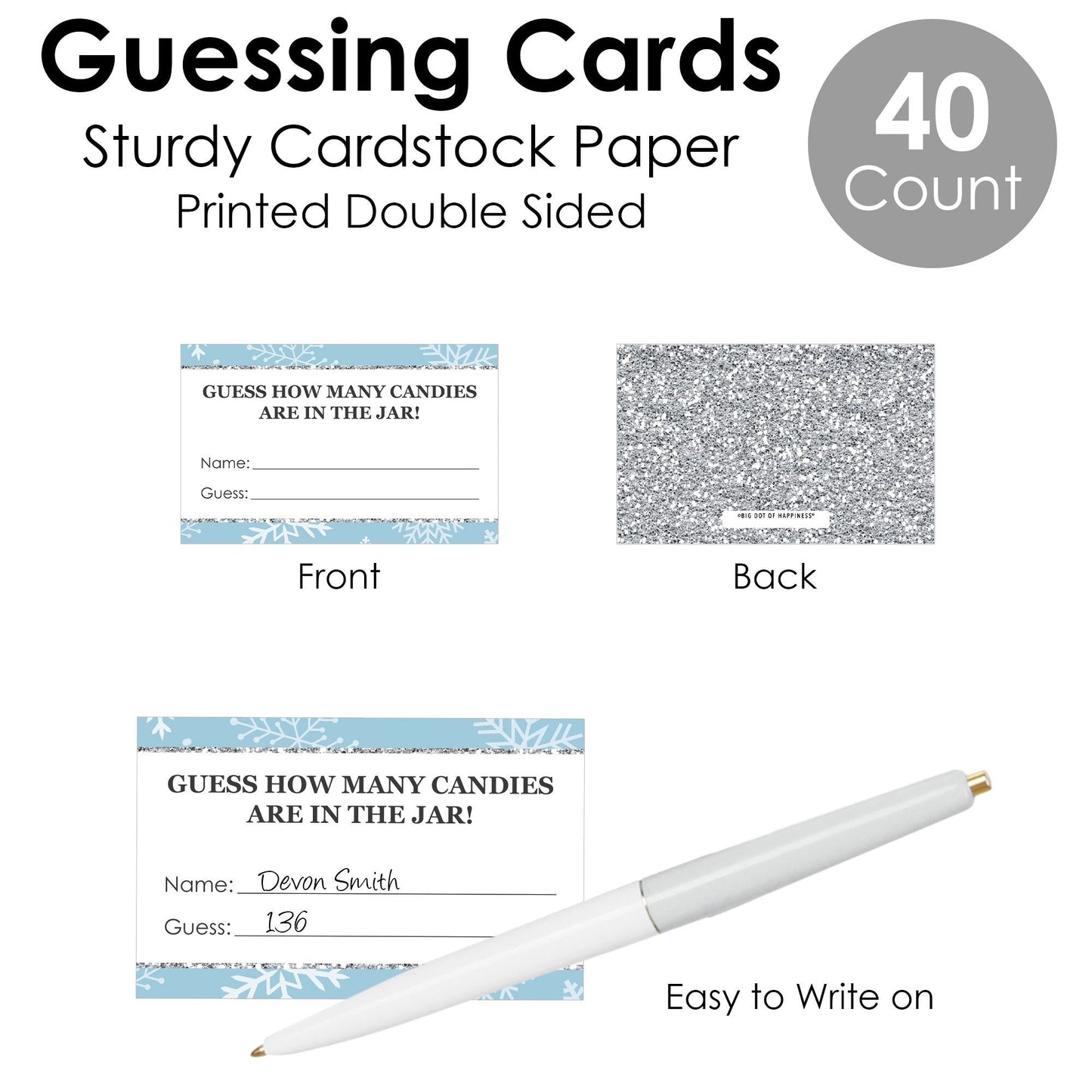 Winter Wonderland - How Many Candies Snowflake Holiday Party and Winter Wedding Game - 1 Stand and 40 Cards - Candy Guessing Game