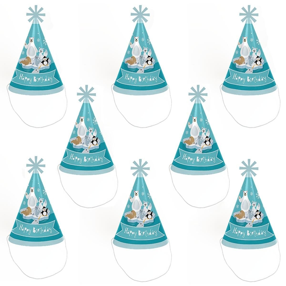 Arctic Polar Animals - Cone Happy Birthday Party Hats for Kids and Adults - Set of 8 (Standard Size)