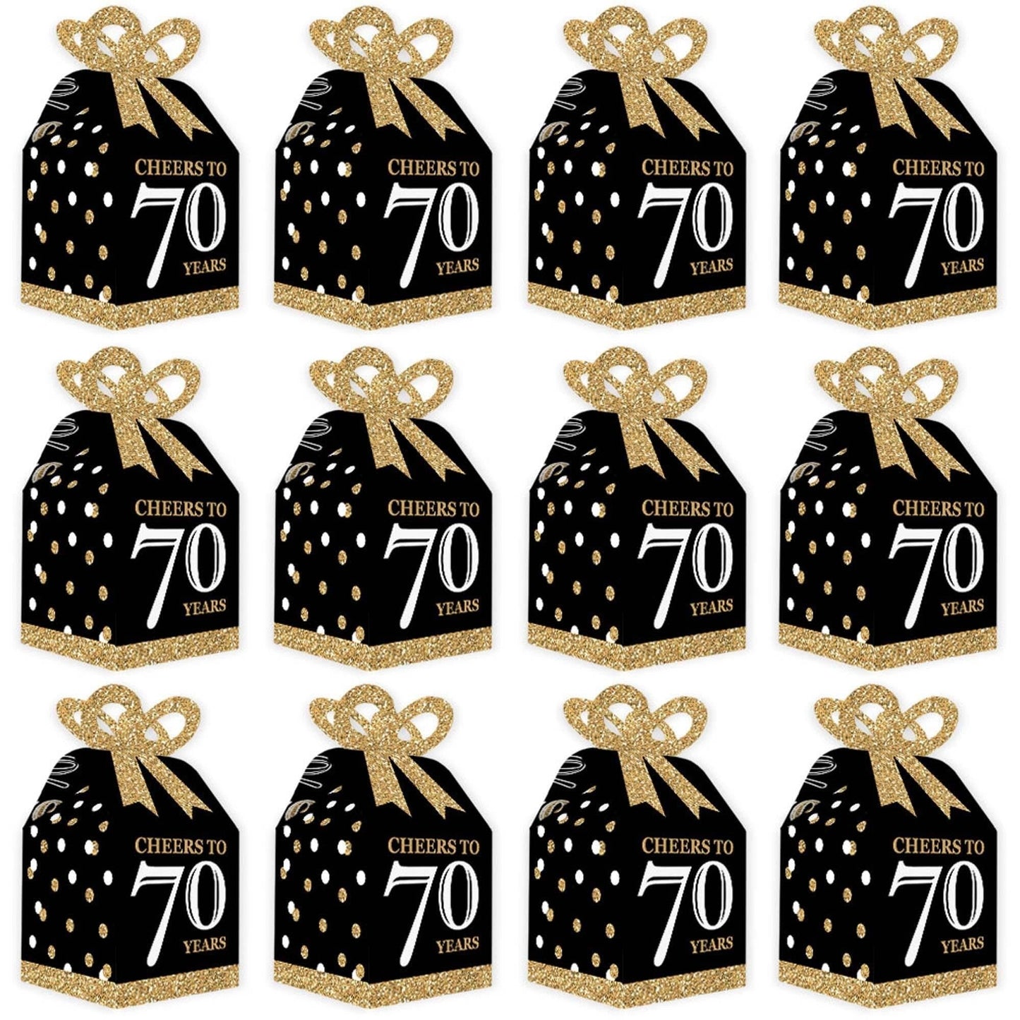 Adult 70th Birthday - Gold - Square Favor Gift Boxes - Birthday Party Bow Boxes - Set of 12