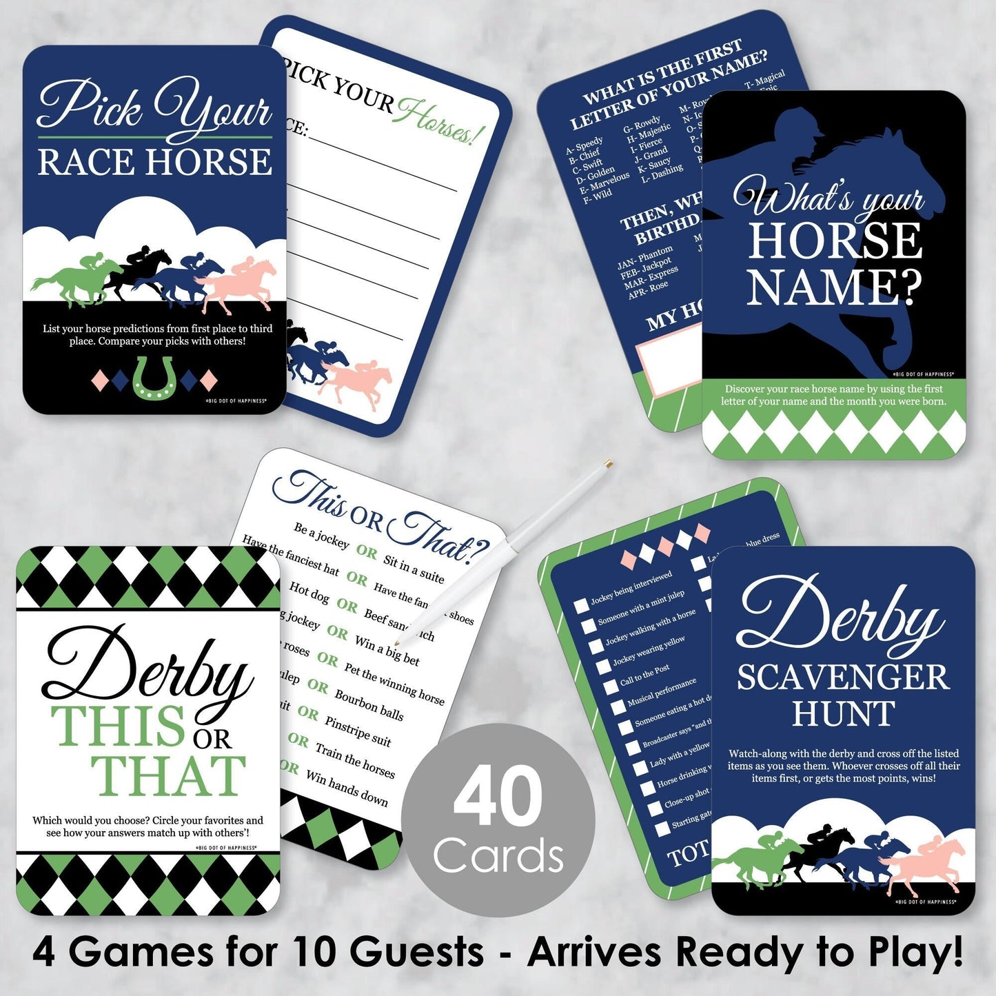 Kentucky Horse Derby - 4 Horse Race Party Games - 10 Cards Each - Gamerific