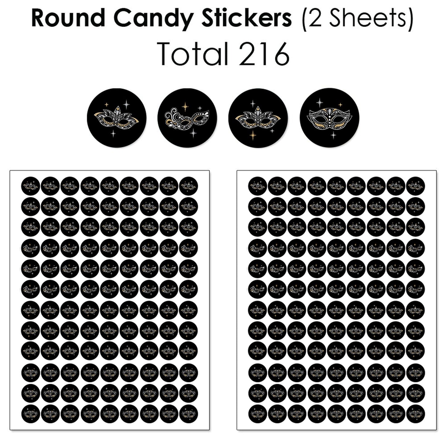 Masquerade - Mini Candy Bar Wrappers, Round Candy Stickers and Circle Stickers - Venetian Mask Party Candy Favor Sticker Kit - 304 Pieces