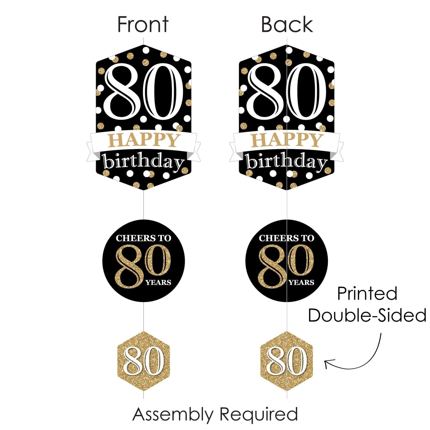 Adult 80th Birthday - Gold - Birthday Party DIY Dangler Backdrop - Hanging Vertical Decorations - 30 Pieces