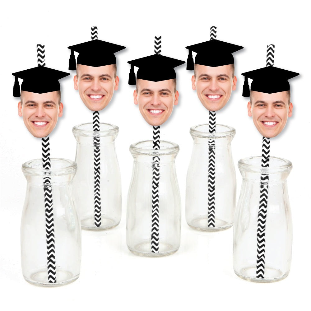Grad Cap Fun Face Cutout Paper Straw Decor - Custom Graduation Photo Head Cut Out Striped Decorative Straws - Upload 1 Photo - Set of 24