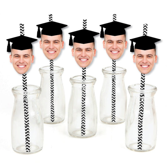 Grad Cap Fun Face Cutout Paper Straw Decor - Custom Graduation Photo Head Cut Out Striped Decorative Straws - Upload 1 Photo - Set of 24