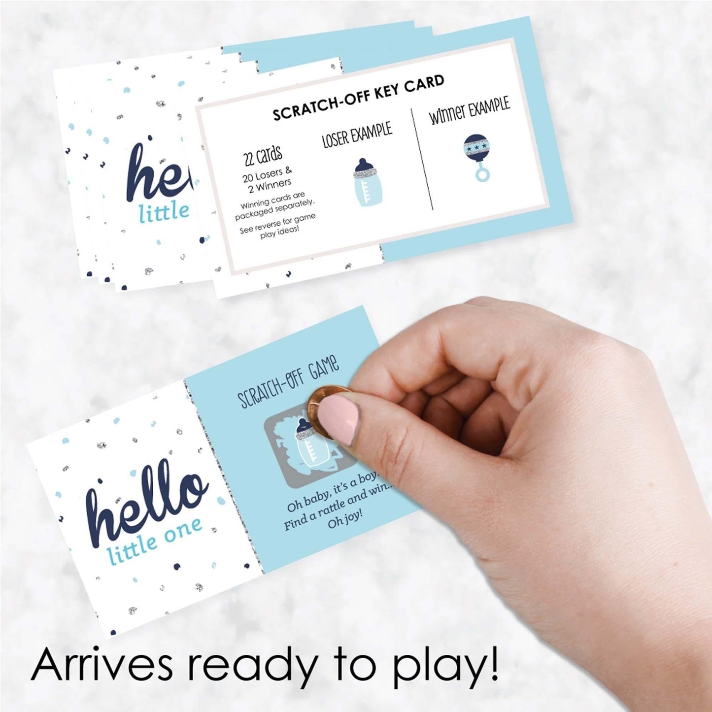 Hello Little One - Blue and Silver - Boy Baby Shower Game Scratch Off Cards - 22 ct
