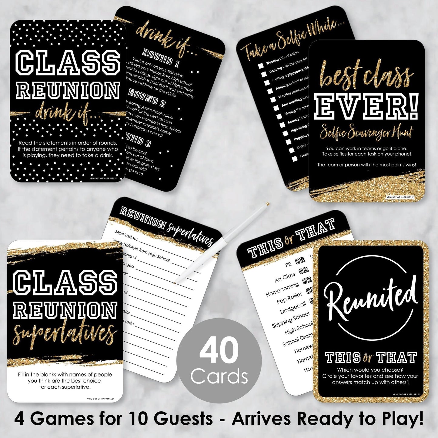 Reunited - 4 School Class Reunion Party Games - 10 Cards Each - Gamerific Bundle