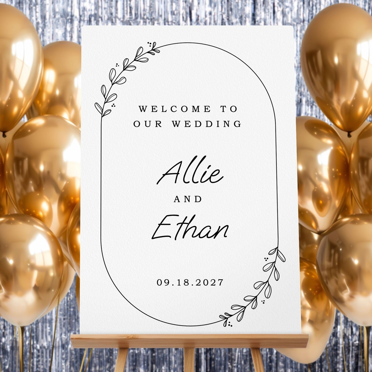 Personalized Text Rustic Leaves Wedding Hearts Welcome Sign (Select Your Size)