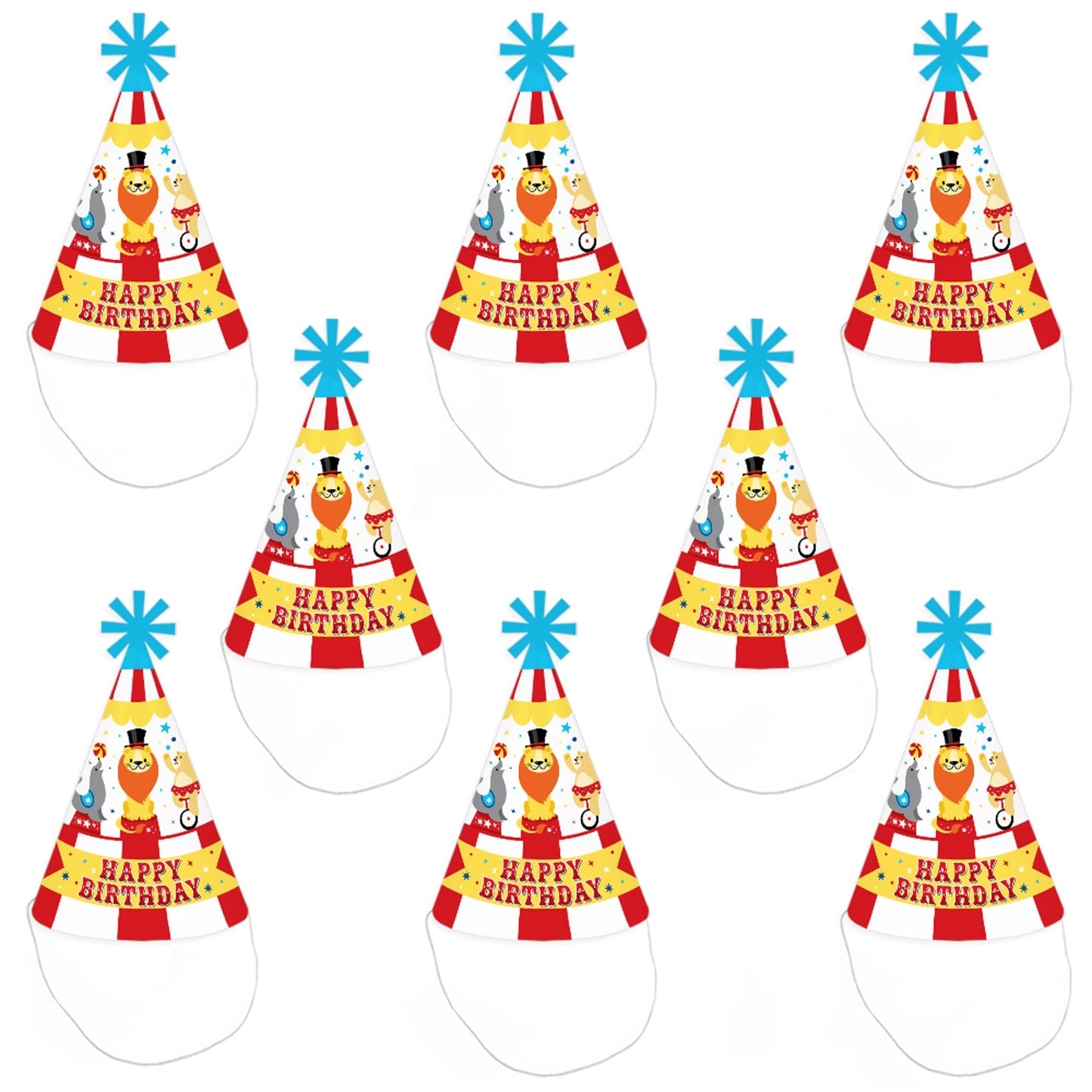 Carnival - Step Right Up Circus - Cone Happy Birthday Party Hats for Kids and Adults - Set of 8 (Standard Size)