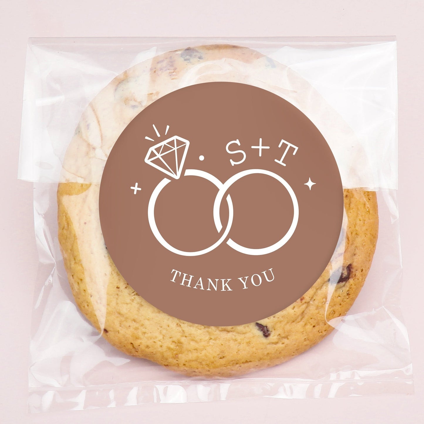 Custom Text Stickers & Clear Cookie Bags - Mocha Brown Wedding Rings