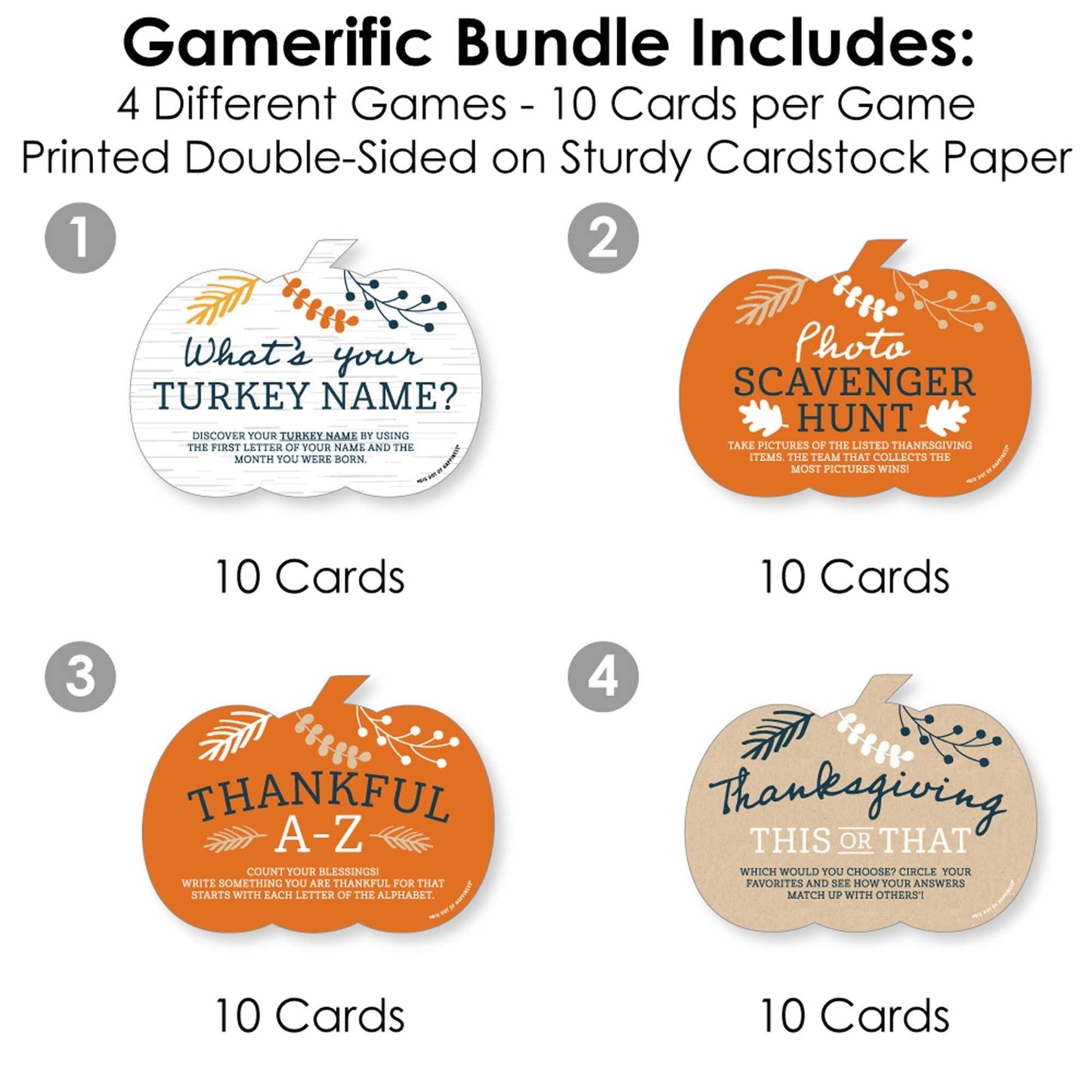 Happy Thanksgiving - 4 Fall Harvest Party Games - 10 Cards Each - What's Your Turkey Name, Photo Scavenger Hunt, This or That, Thankful A-Z - Gamerific Bundle