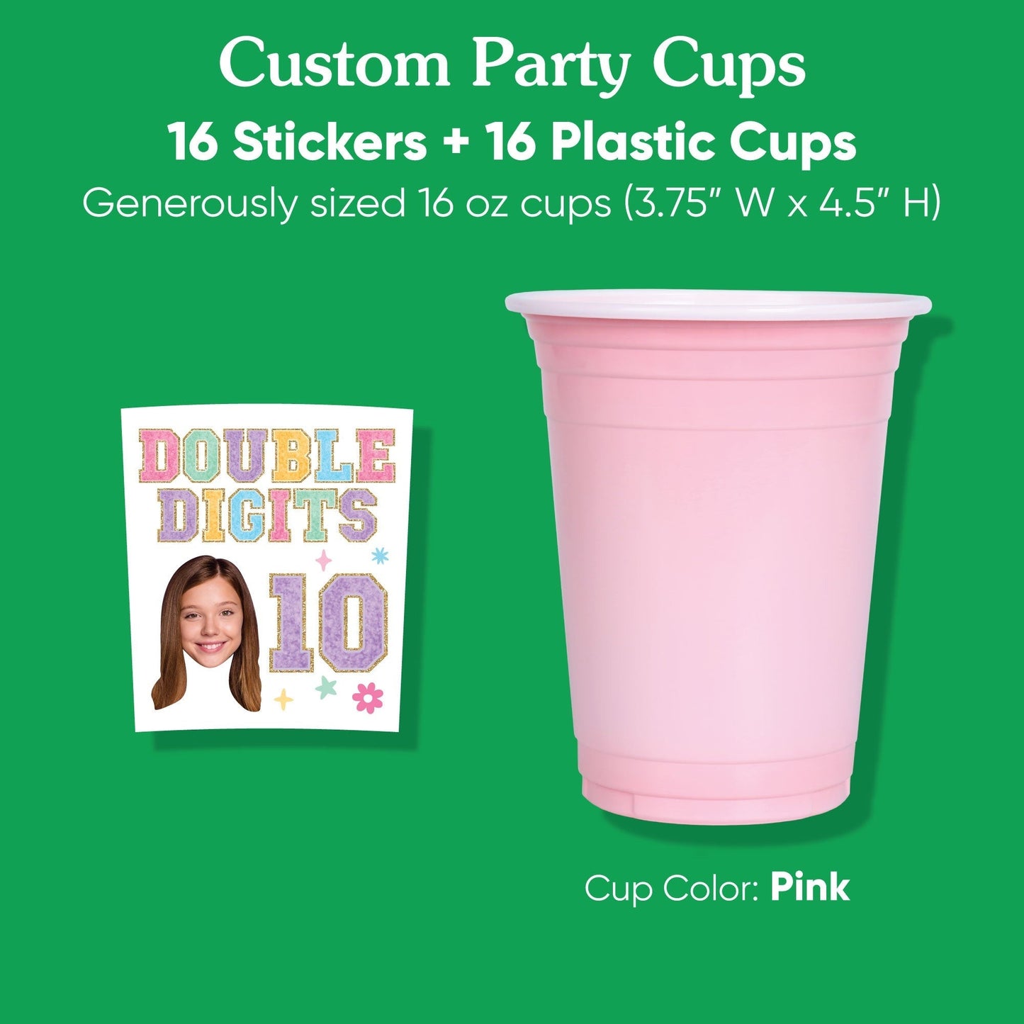 Custom Face Party Cups - Preppy 10th Birthday Girl - 16 Ct