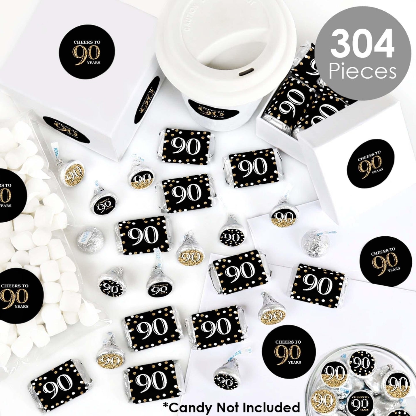 Adult 90th Birthday - Gold - Mini Candy Bar Wrappers, Round Candy Stickers and Circle Stickers - Birthday Party Candy Favor Sticker Kit - 304 Pieces
