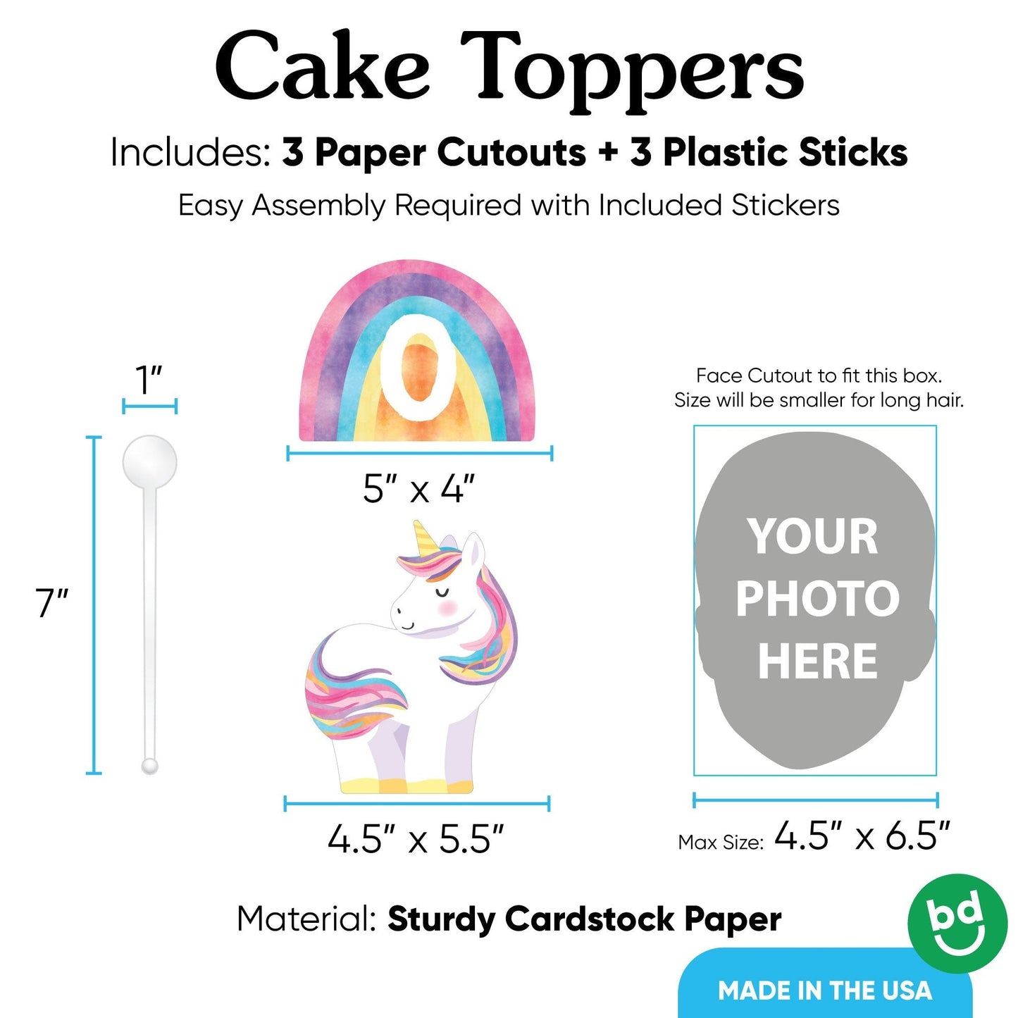 Custom Photo Unicorn Cake Topper - 3 Pc