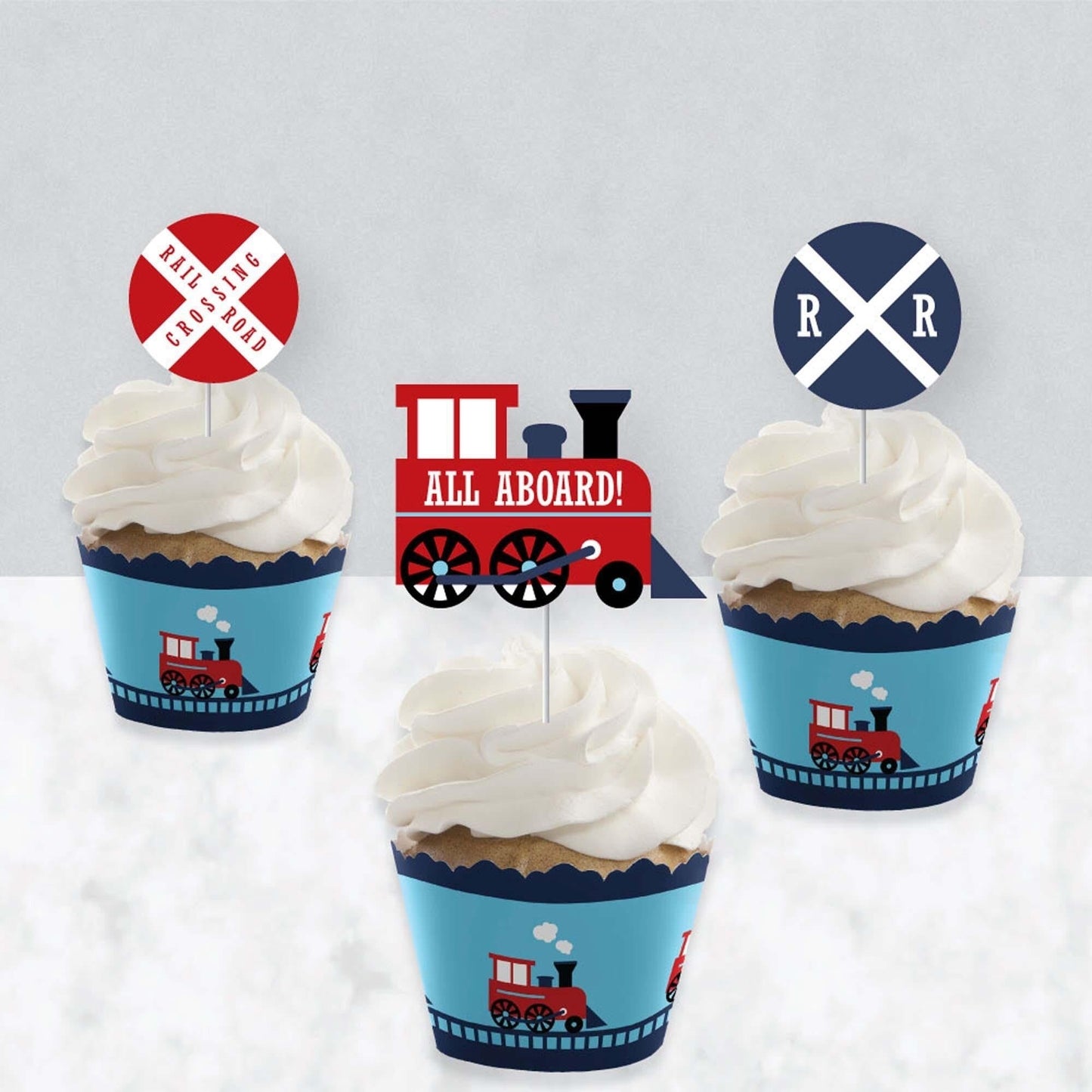 Railroad Party Crossing - Cupcake Decorations - Steam Train Birthday Party or Baby Shower Cupcake Wrappers and Treat Picks Kit - Set of 24
