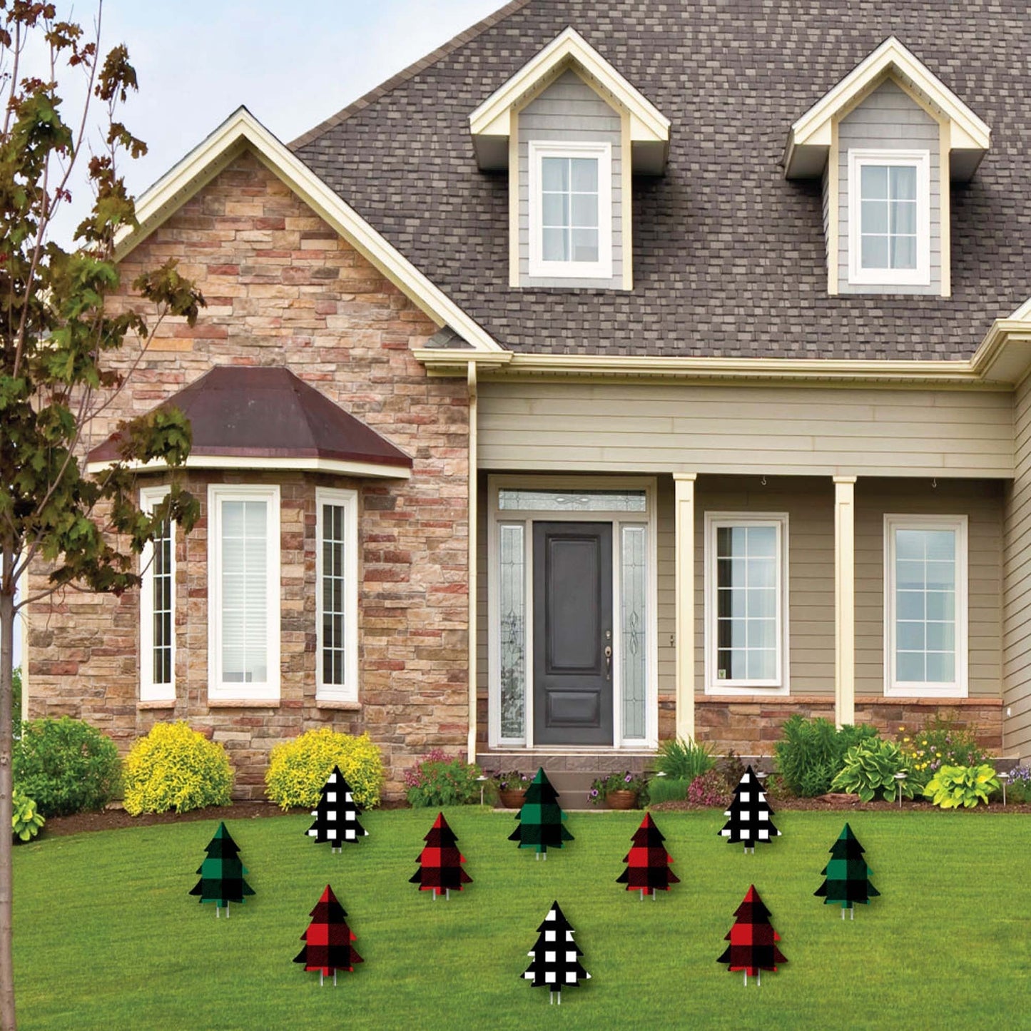 Holiday Plaid Trees - Lawn Decorations - Outdoor Buffalo Plaid Christmas Party Yard Decorations - 10 Piece