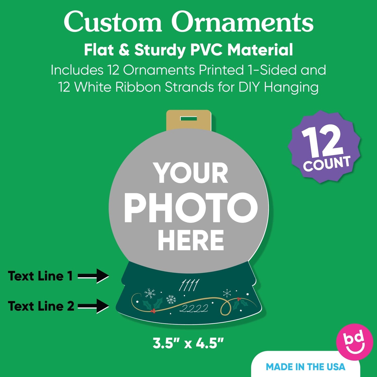 Custom Photo Snowglobe Tree Ornaments - 12 Ct
