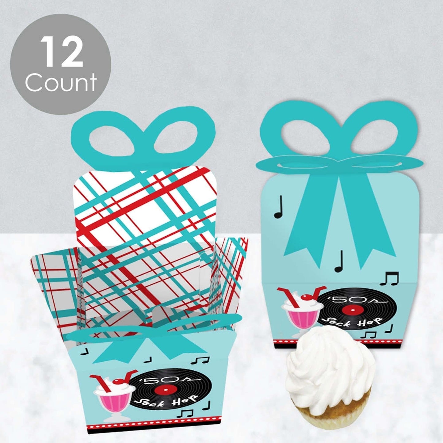 50's Sock Hop - Square Favor Gift Boxes - 1950s Rock N Roll Party Bow Boxes - Set of 12