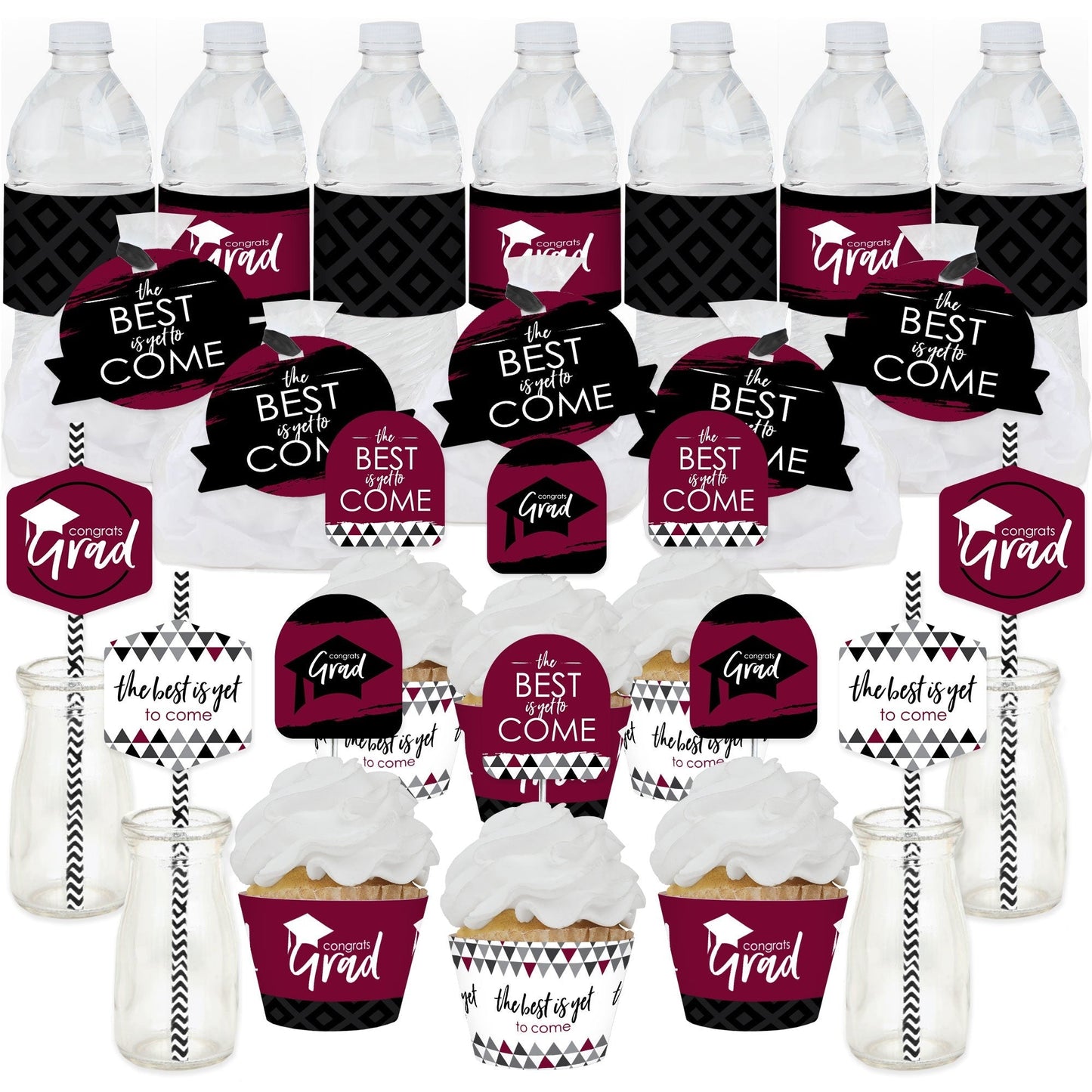 Maroon Grad - Best is Yet to Come - Burgundy Graduation Party Favors and Cupcake Kit - Fabulous Favor Party Pack - 100 Pieces