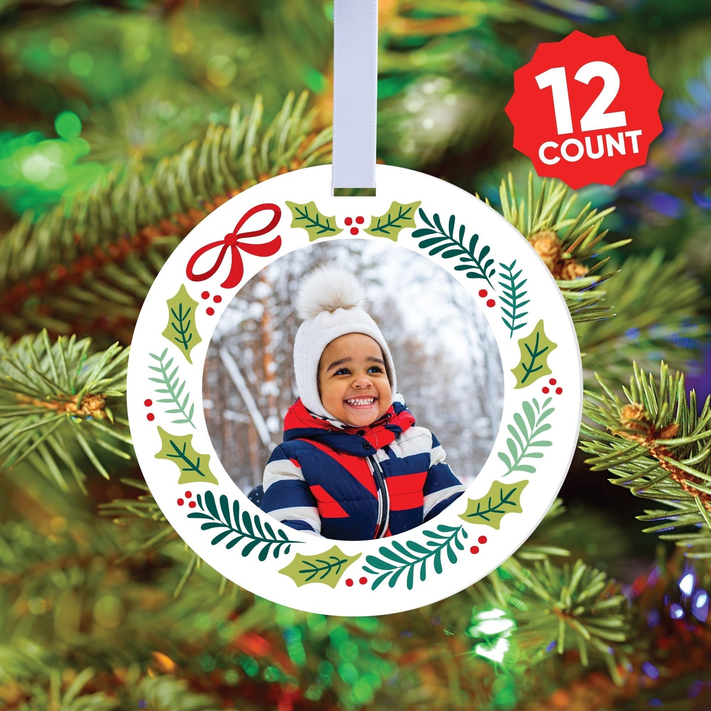 Custom Photo Holiday Wreath Tree Ornaments - 12 Ct