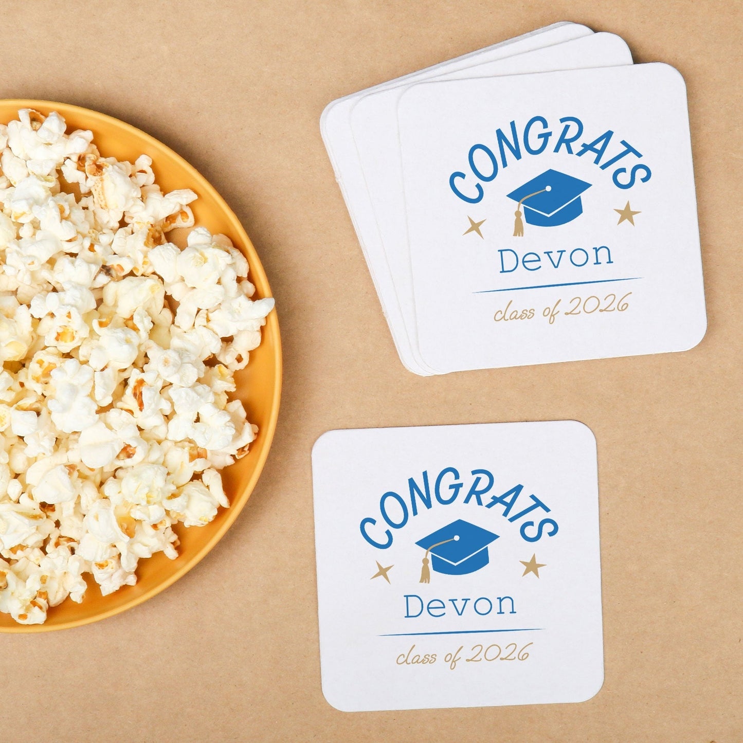 Custom Text Coasters - Blue Graduation - 100 Ct