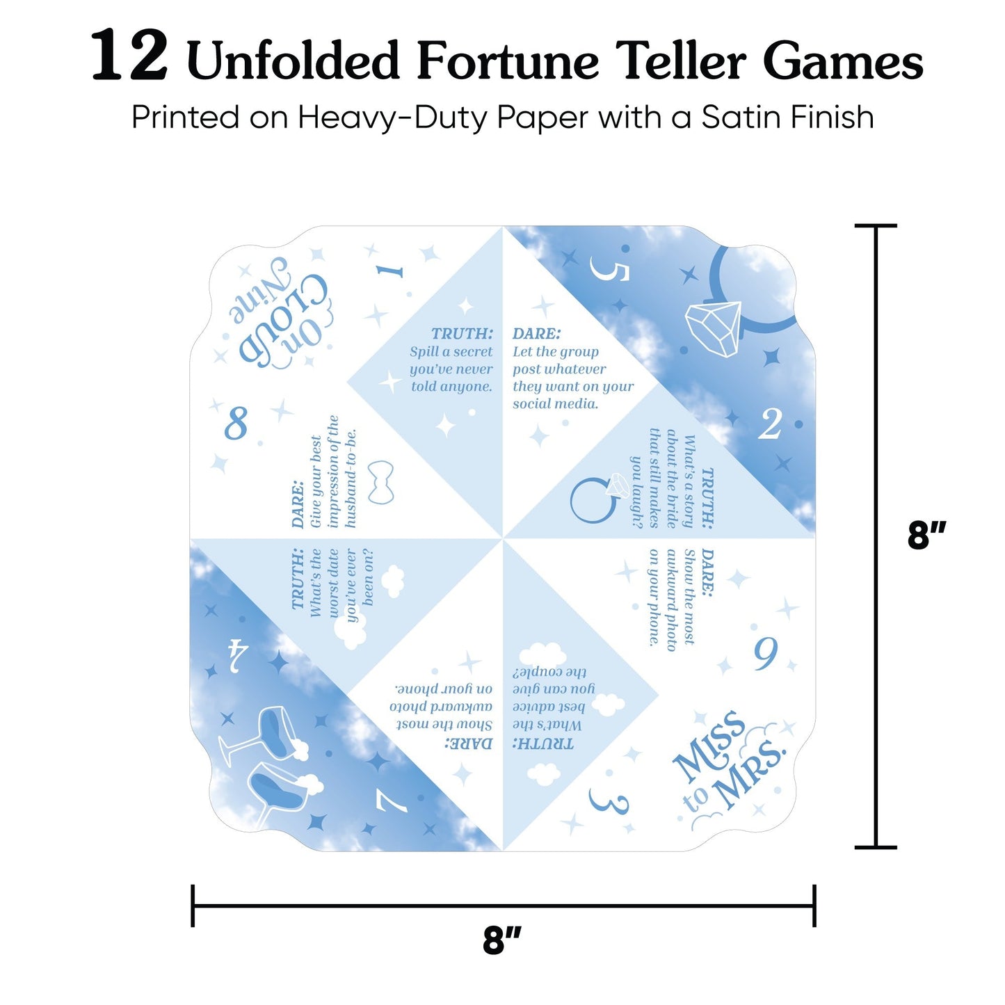 On Cloud 9 - Bridal or Bachelorette Party Cootie Catcher Game - Truth or Dare Fortune Tellers - Set of 12