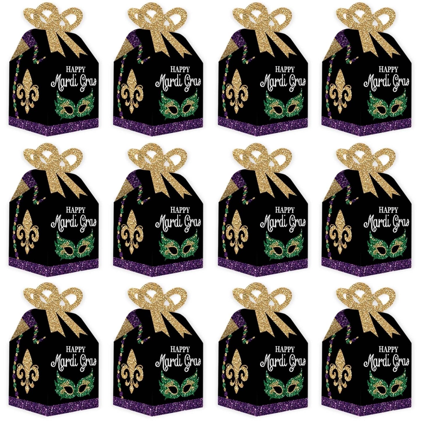 Mardi Gras - Square Favor Gift Boxes - Masquerade Party Bow Boxes - Set of 12
