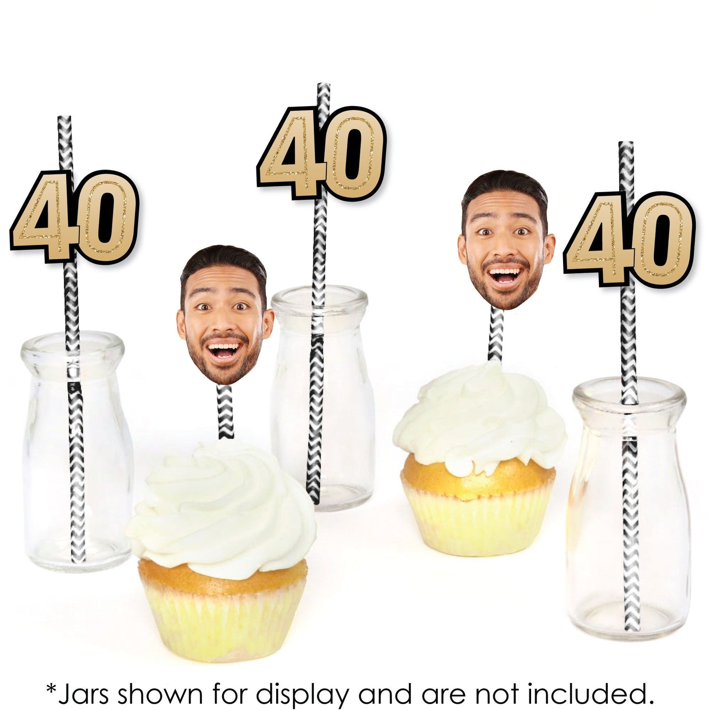 Custom 40th Birthday Face Cutout Straw Decor - 24 Ct