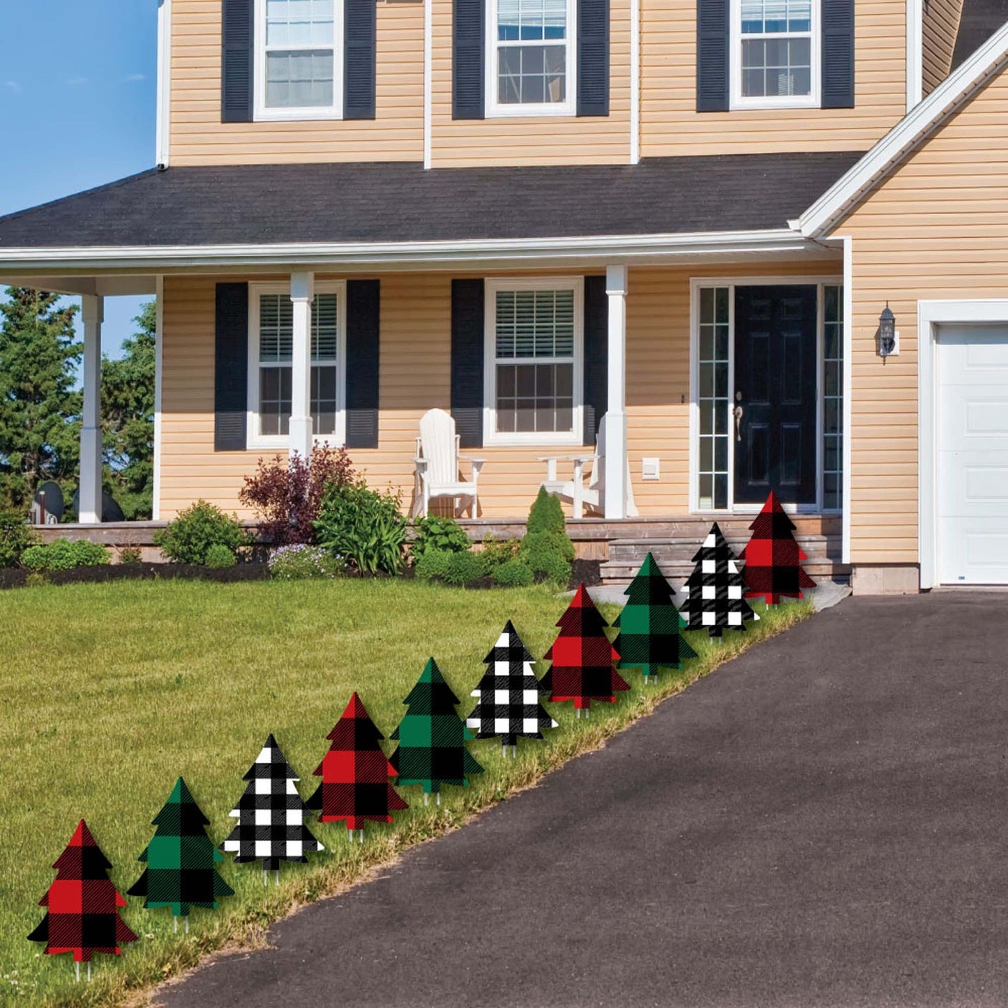 Holiday Plaid Trees - Lawn Decorations - Outdoor Buffalo Plaid Christmas Party Yard Decorations - 10 Piece