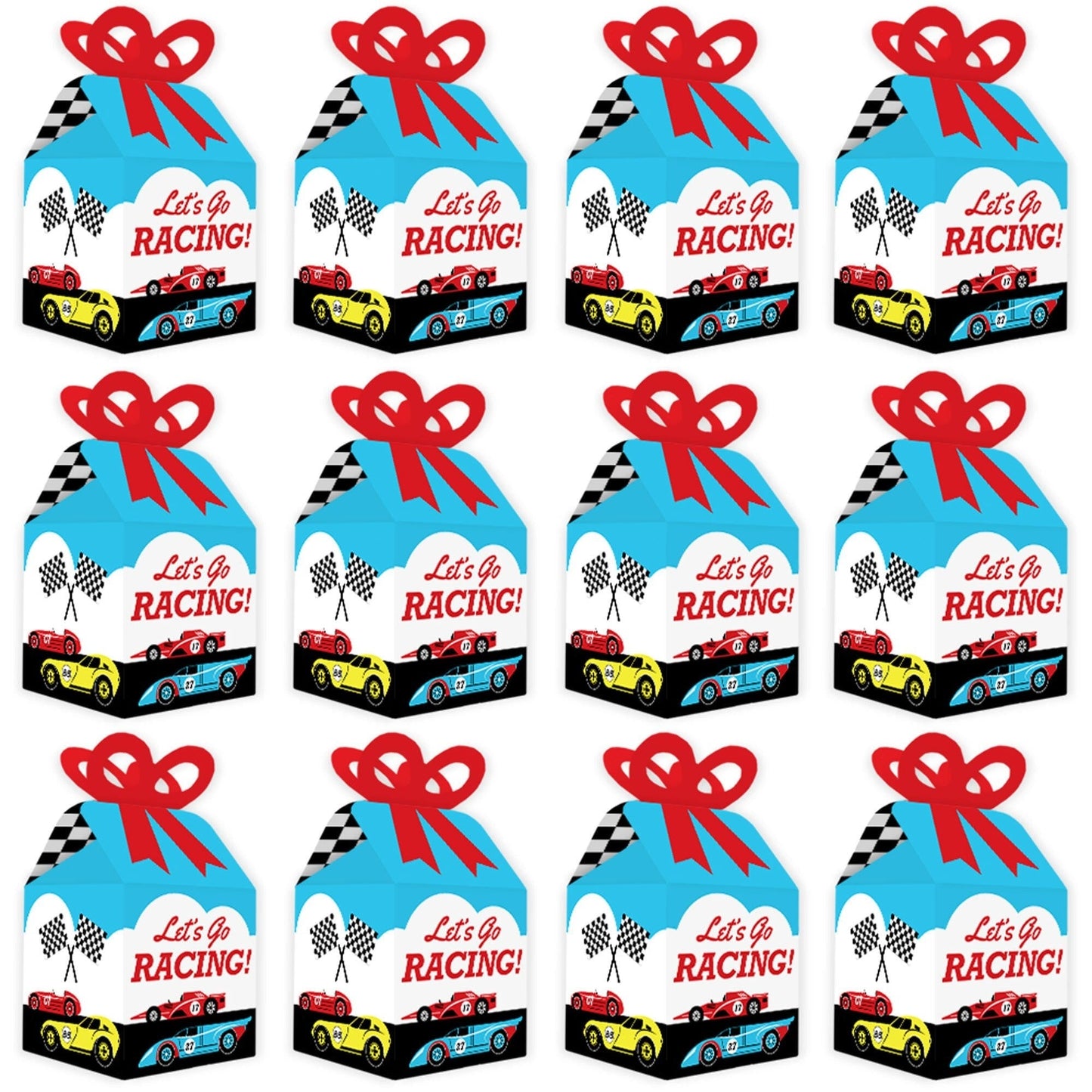 Let's Go Racing - Racecar - Square Favor Gift Boxes - Race Car Birthday Party or Baby Shower Bow Boxes - Set of 12