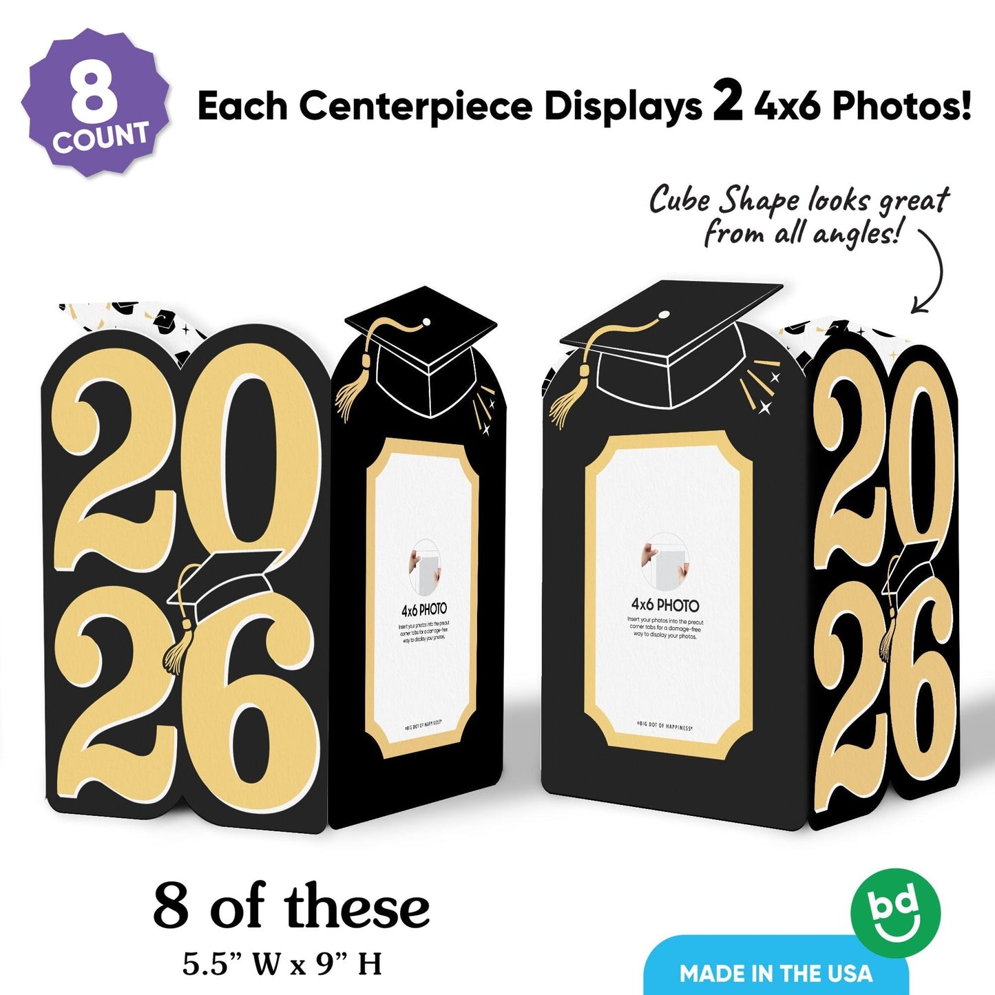 Black & Gold Graduation Photo Centerpieces - 8 Ct