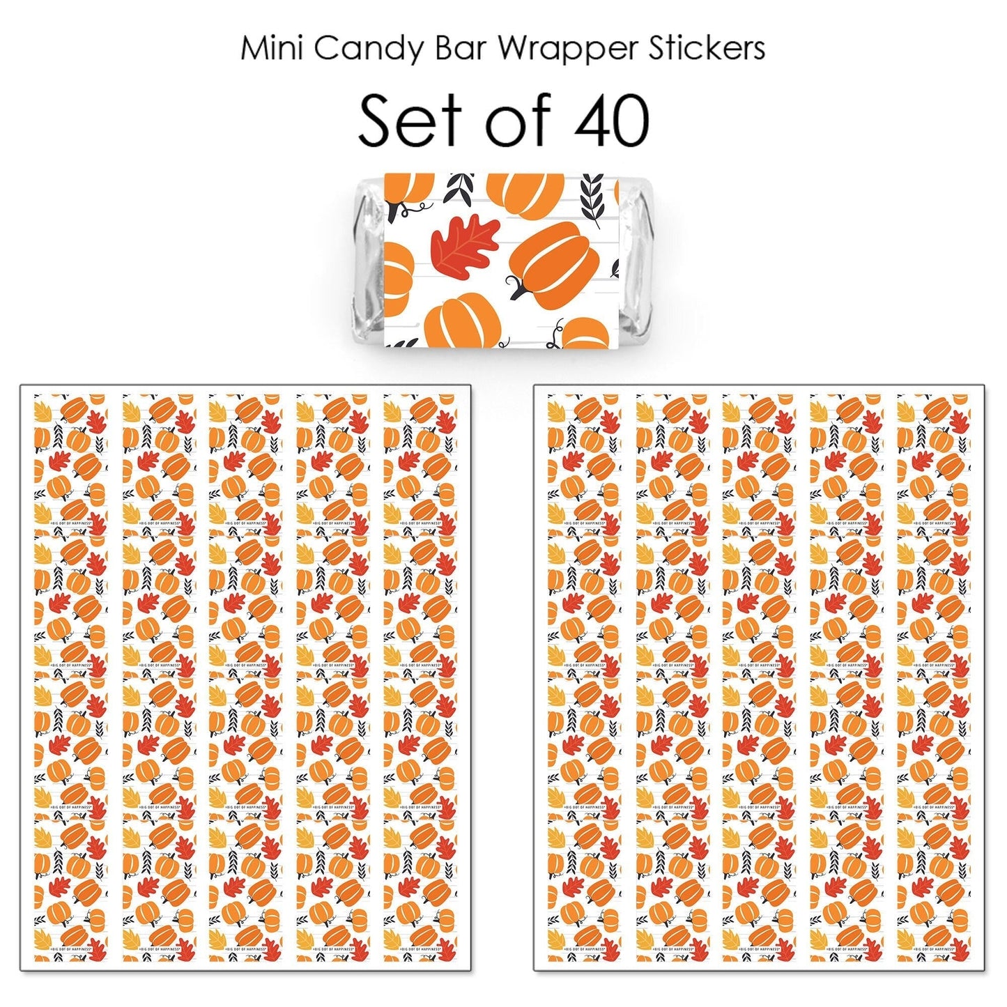 Fall Pumpkin - Mini Candy Bar Wrapper Stickers - Halloween or Thanksgiving Party Small Favors - 40 Count