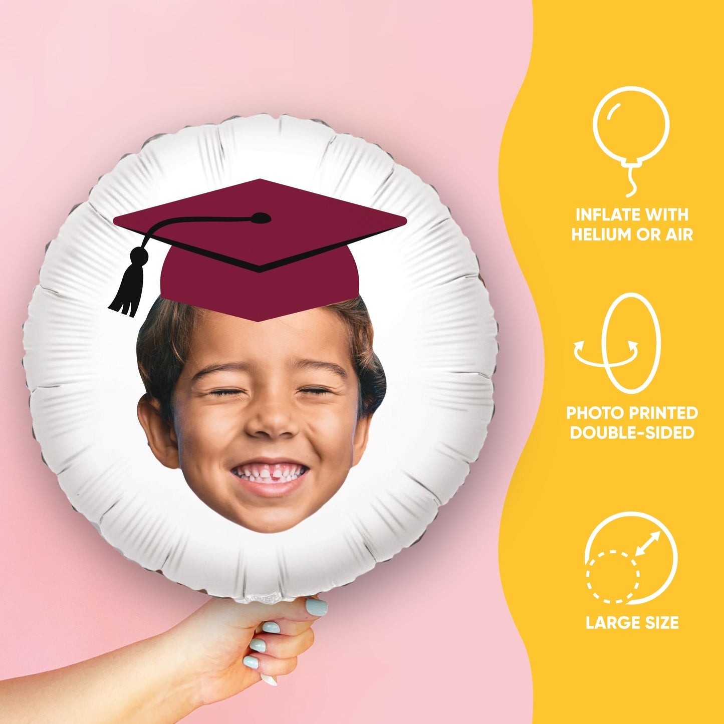 Personalized Fun Face Maroon Grad Cap Balloon - Double Sided - 1 Ct