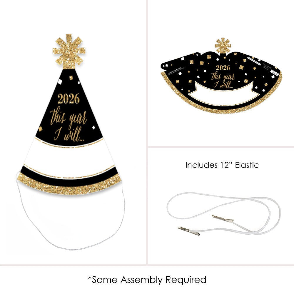 New Year's Eve - Gold - Mini Cone 2026 New Year's Eve Resolution Party Hats - Small Little Party Hats - Set of 8