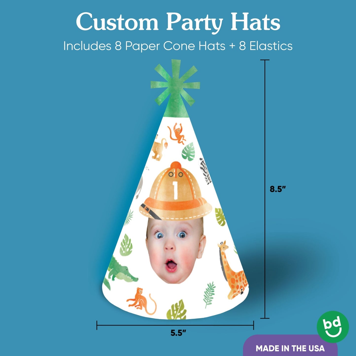 Custom Face Safari Animals Cone Hat - 8 Ct