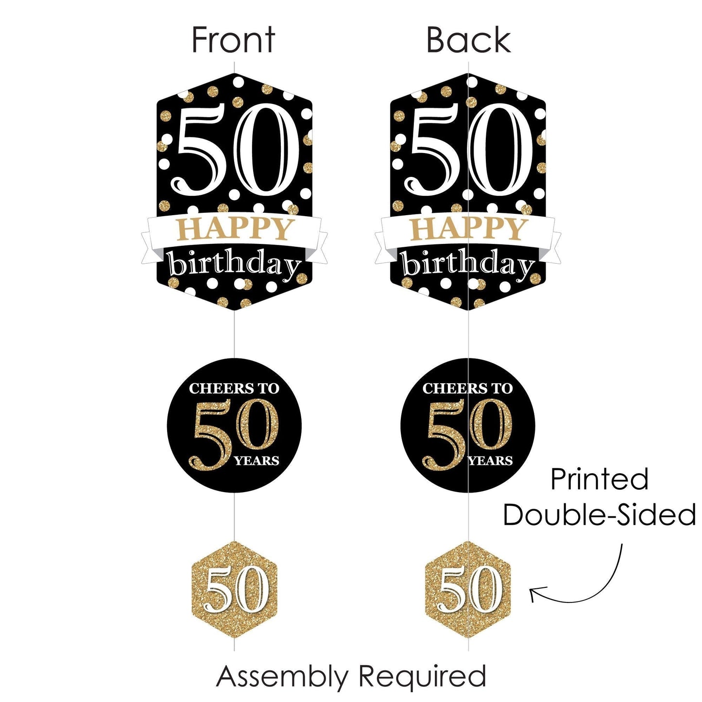 Adult 50th Birthday - Gold - Birthday Party DIY Dangler Backdrop - Hanging Vertical Decorations - 30 Pieces