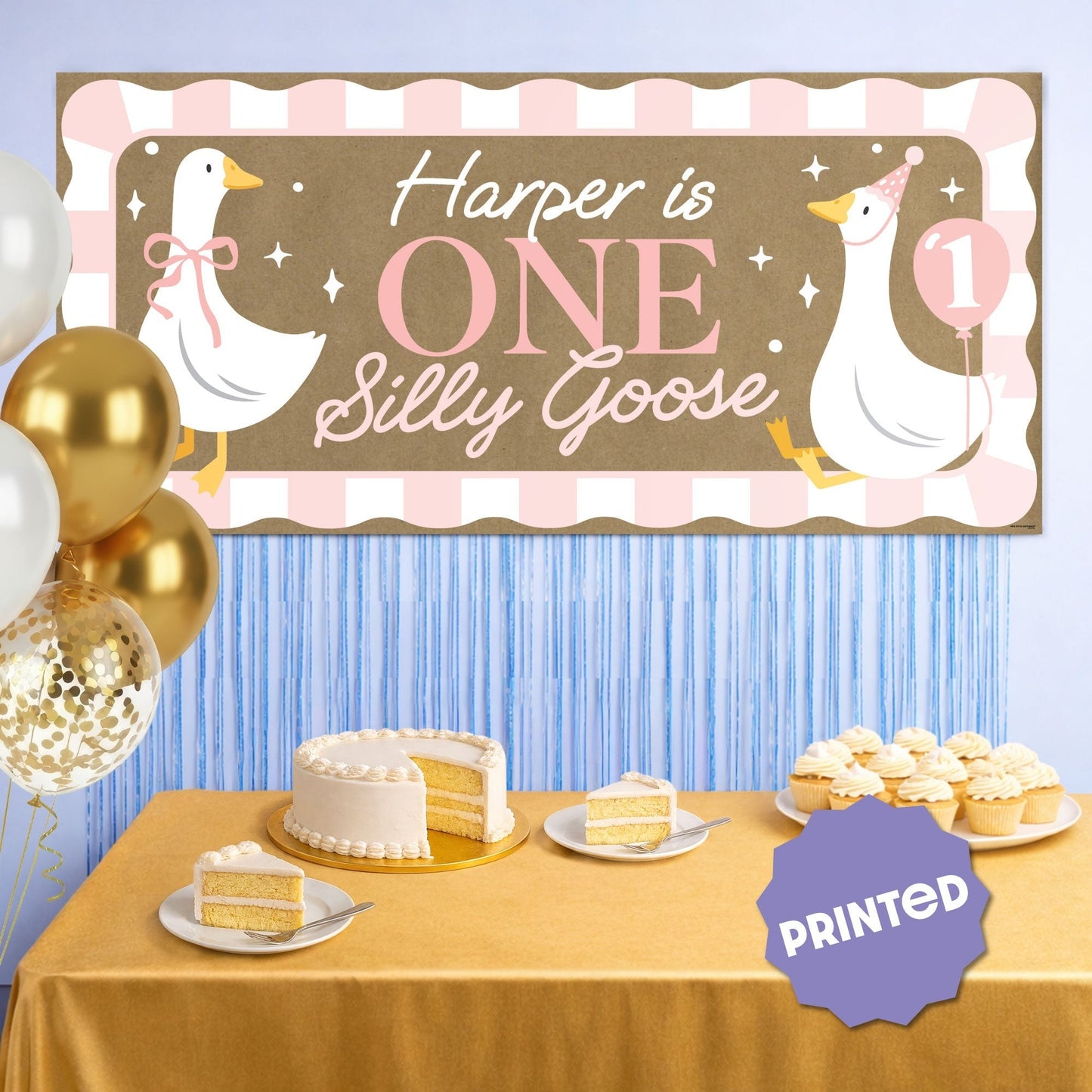Custom Text One Silly Goose Pink Kraft Banner