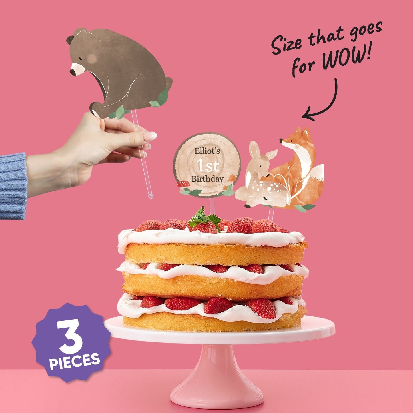Custom Text Woodland Animals Cake Topper - 3 Pc