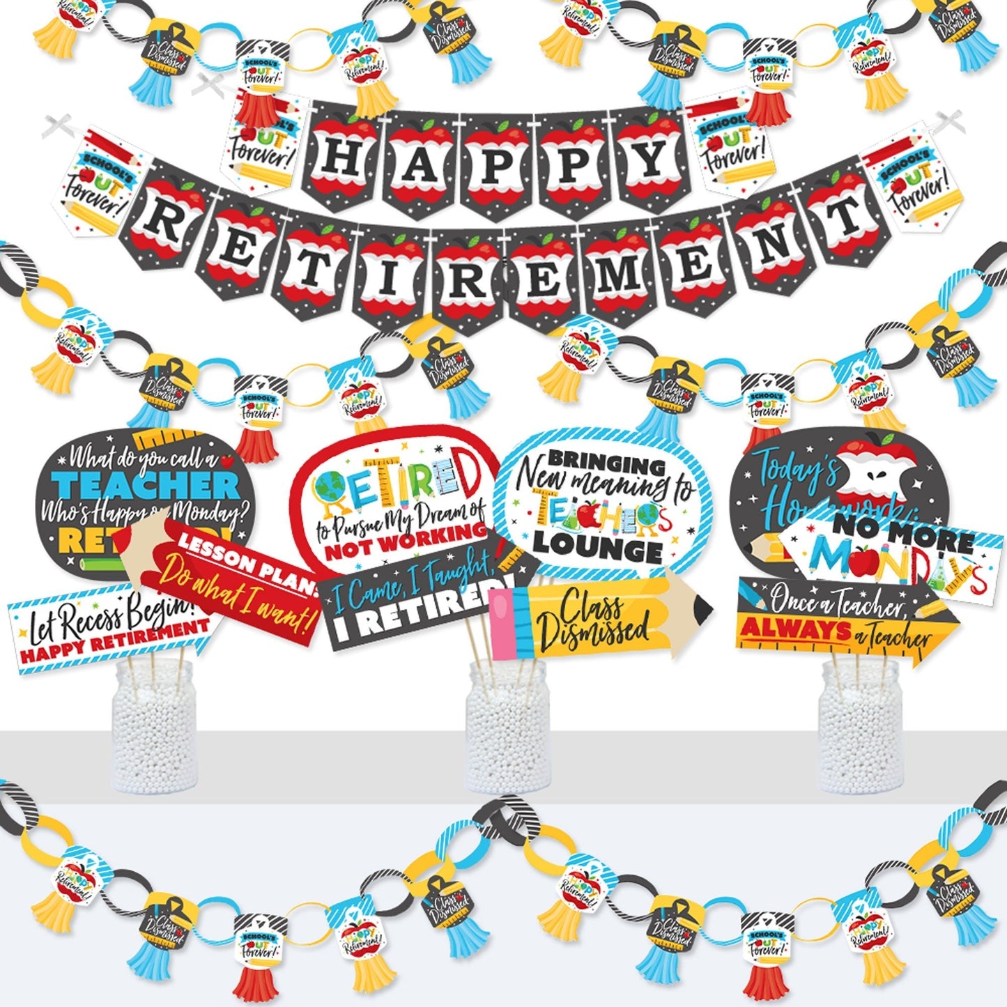 Teacher Retirement - Banner and Photo Booth Decorations - Happy Retirement Party Supplies Kit - Doterrific Bundle