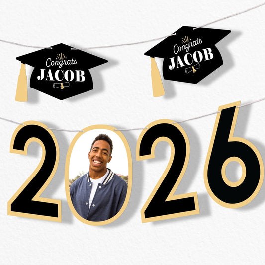 Custom Photo Black & Gold Grad Letter Banner