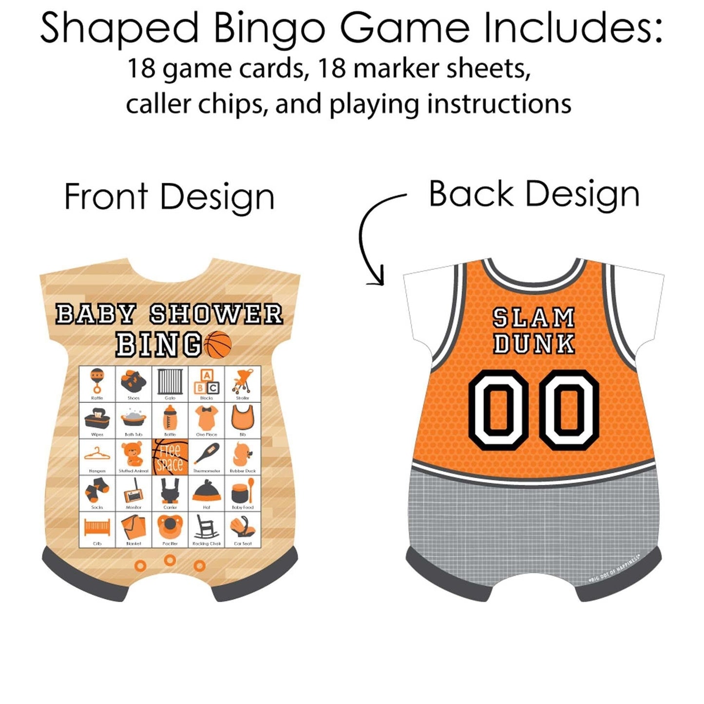 Nothin' But Net - Basketball - Picture Bingo Cards and Markers - Baby Shower Shaped Bingo Game - Set of 18