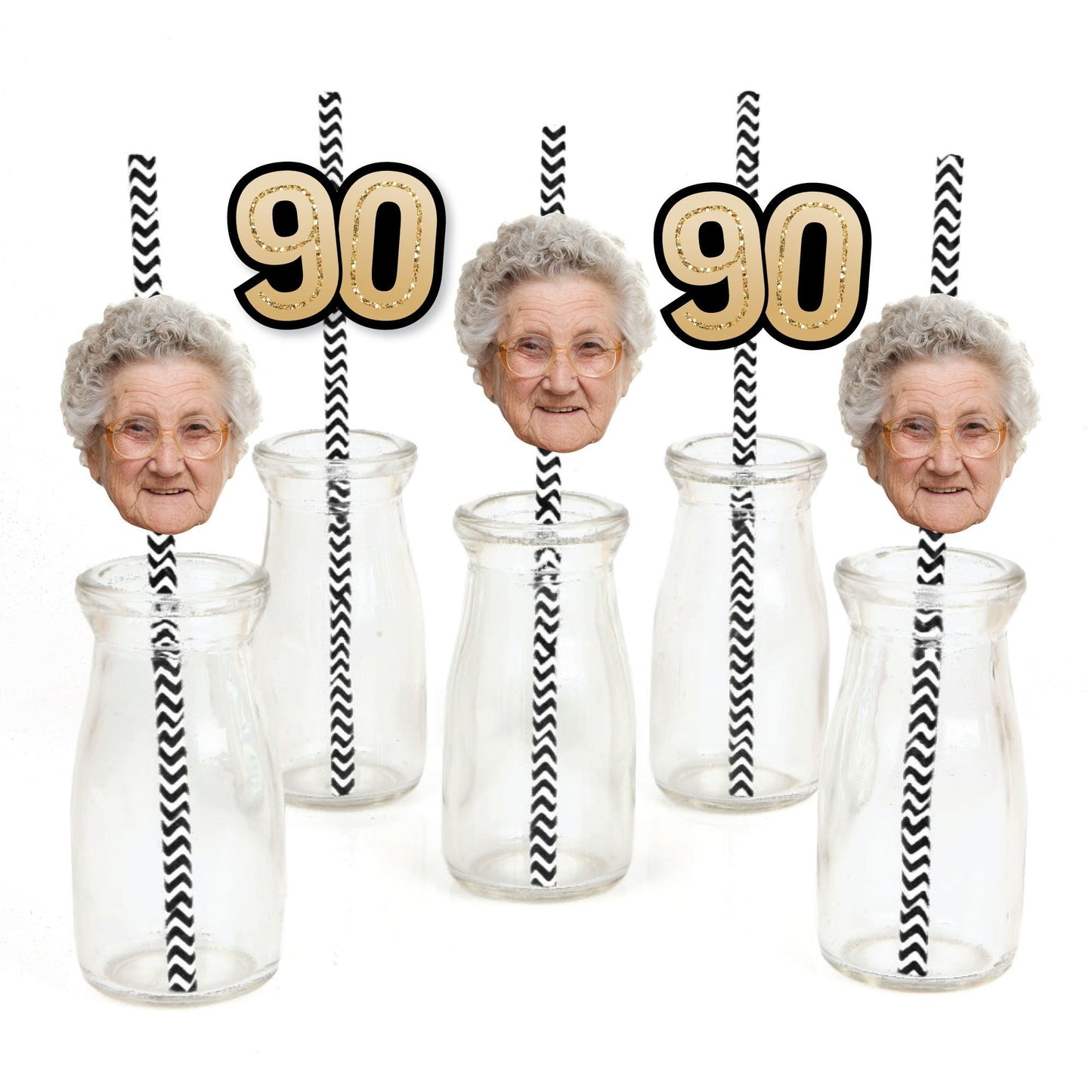 Custom 90th Birthday Face Cutout Straw Decor - 24 Ct