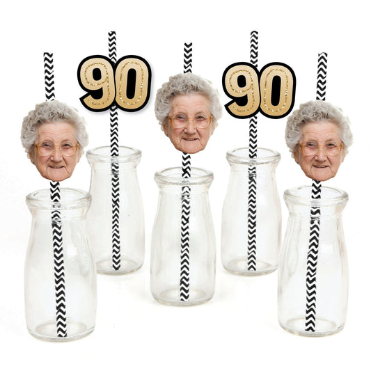 Custom 90th Birthday Face Cutout Straw Decor - 24 Ct
