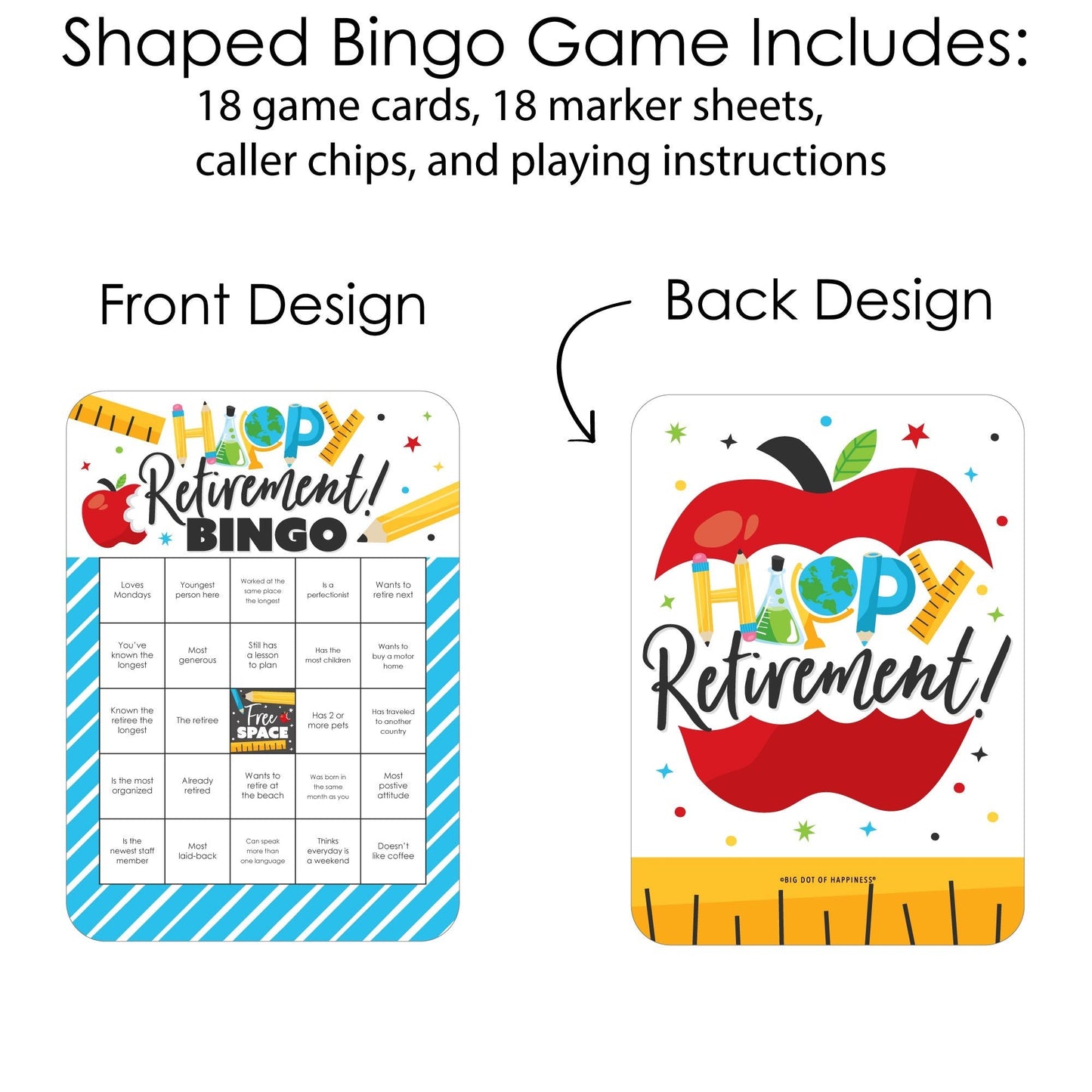 Teacher Retirement - Bingo Cards and Markers - Happy Retirement Party Shaped Bingo Game - Set of 18