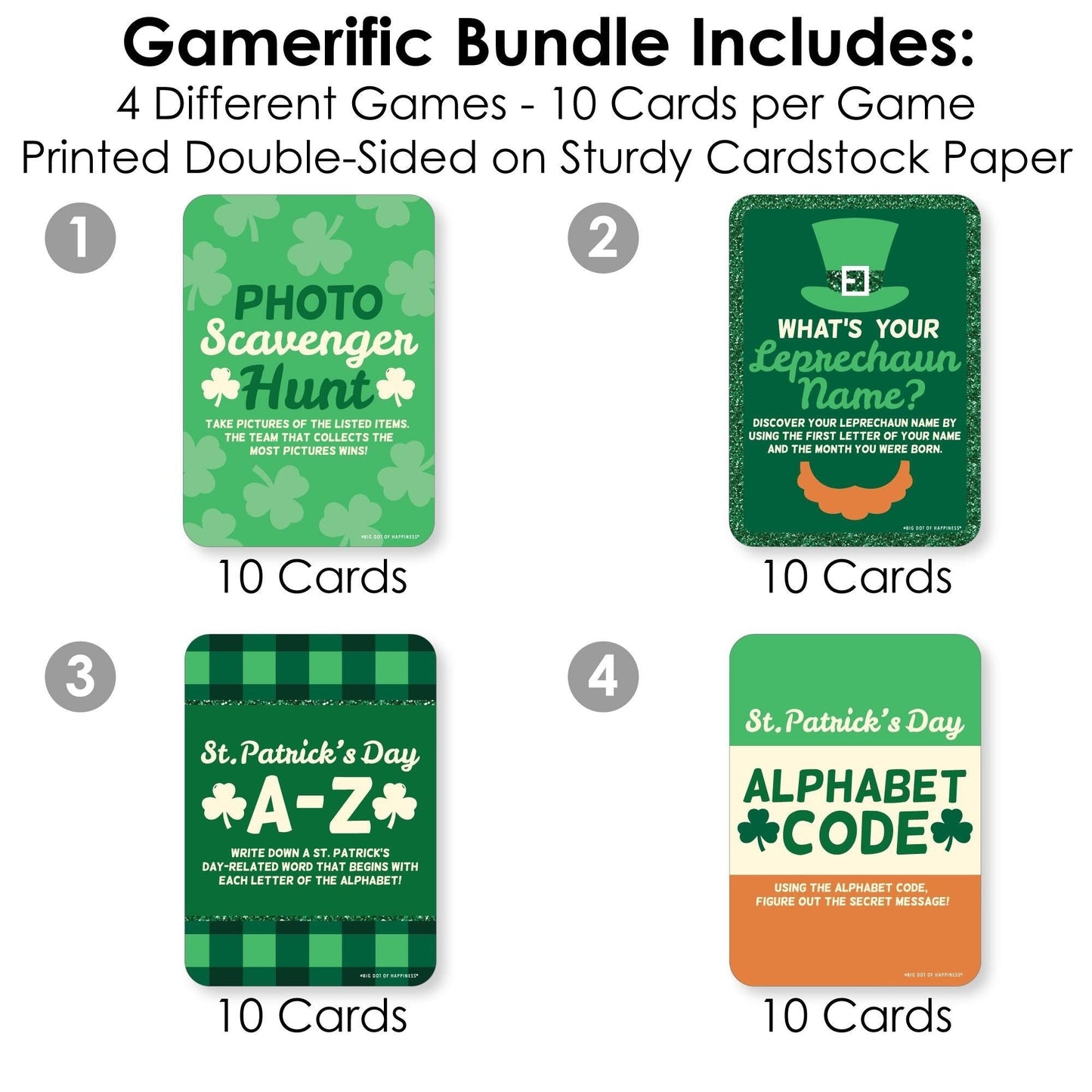 St. Patrick's Day - 4 Saint Patty's Day Party Games - 10 Cards Each - Photo Scavenger Hunt, What's Your Leprechaun Name, A-Z, Alphabet Code - Gamerific Bundle