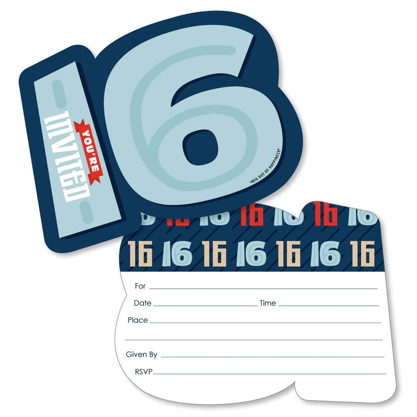 Boy 16th Birthday - Shaped Fill-In Invitations - Sweet Sixteen Birthday Party Invitation Cards with Envelopes - Set of 12