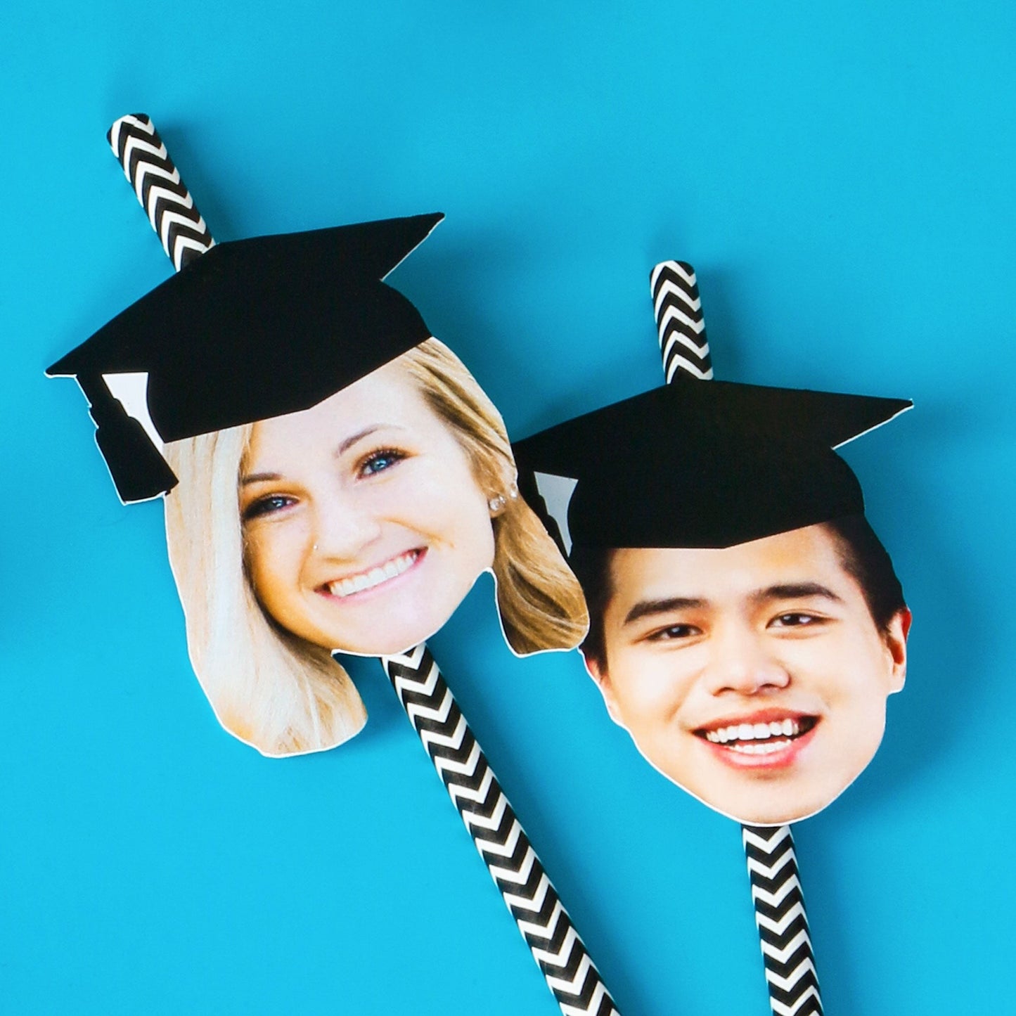 Grad Cap Fun Face Cutout Paper Straw Decor - Custom Graduation Photo Head Cut Out Striped Decorative Straws - Upload 1 Photo - Set of 24