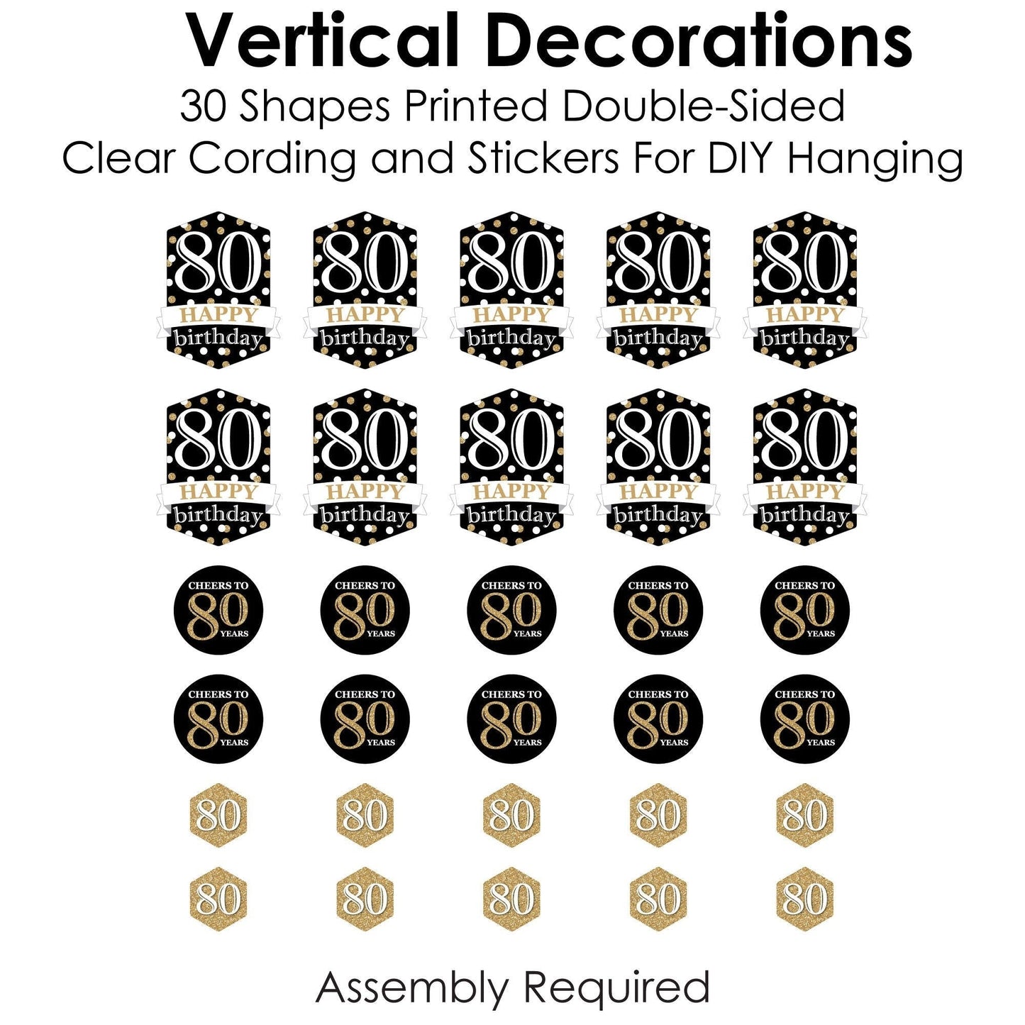 Adult 80th Birthday - Gold - Birthday Party DIY Dangler Backdrop - Hanging Vertical Decorations - 30 Pieces