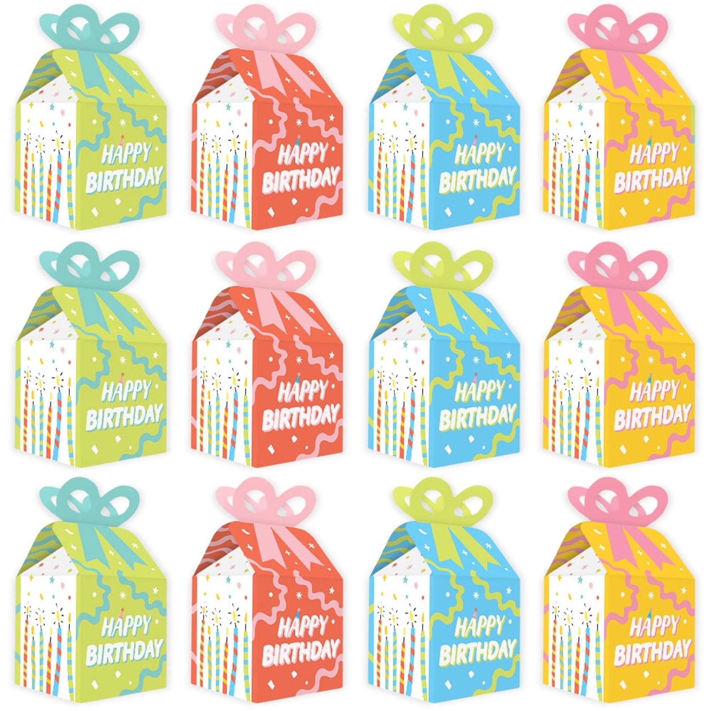Party Time - Square Favor Gift Boxes - Happy Birthday Party Bow Boxes - Set of 12